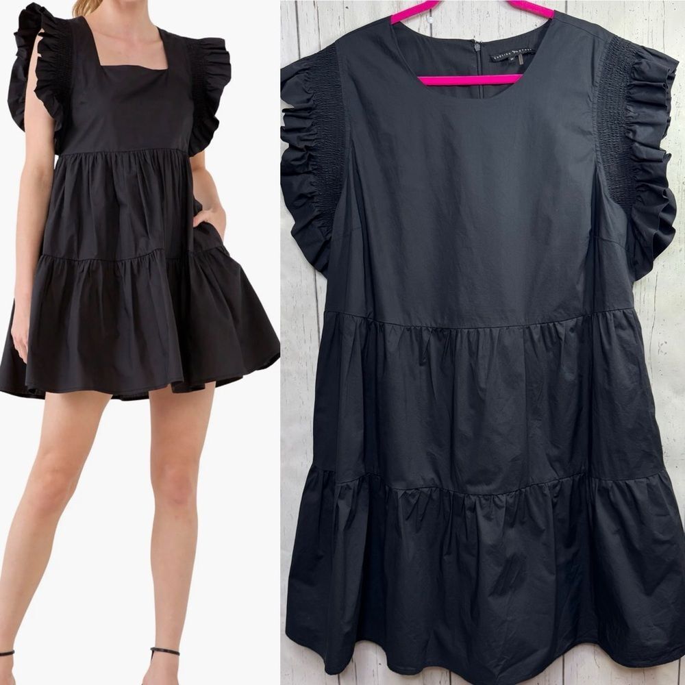 English Factory Black Ruffle Sleeve Tiered Babydoll Dress 2X Cottagecore Boho